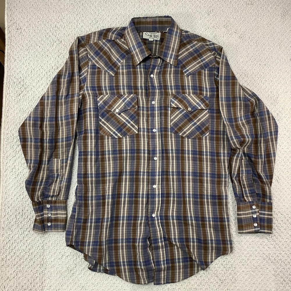 Vintage Silver Spur Shirt Mens 15.5 Plaid Western Pearl Snap Cowboy Brown 70s